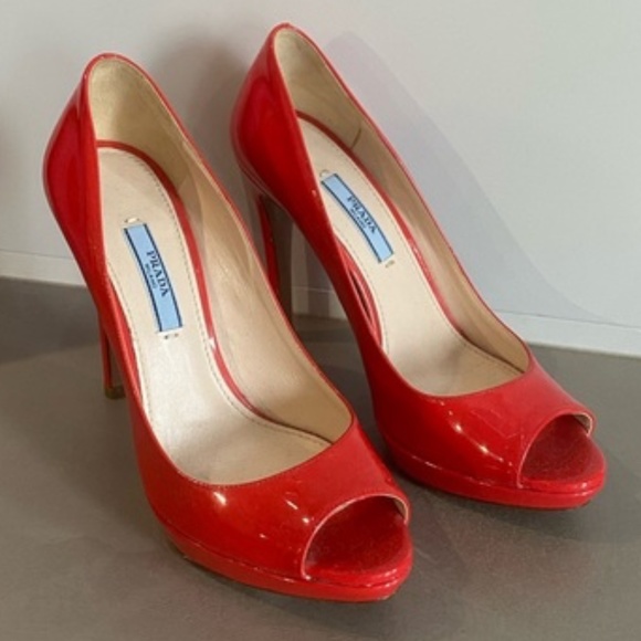 Prada Red Patent Peep-Toe Pumps - Picture 1 of 9